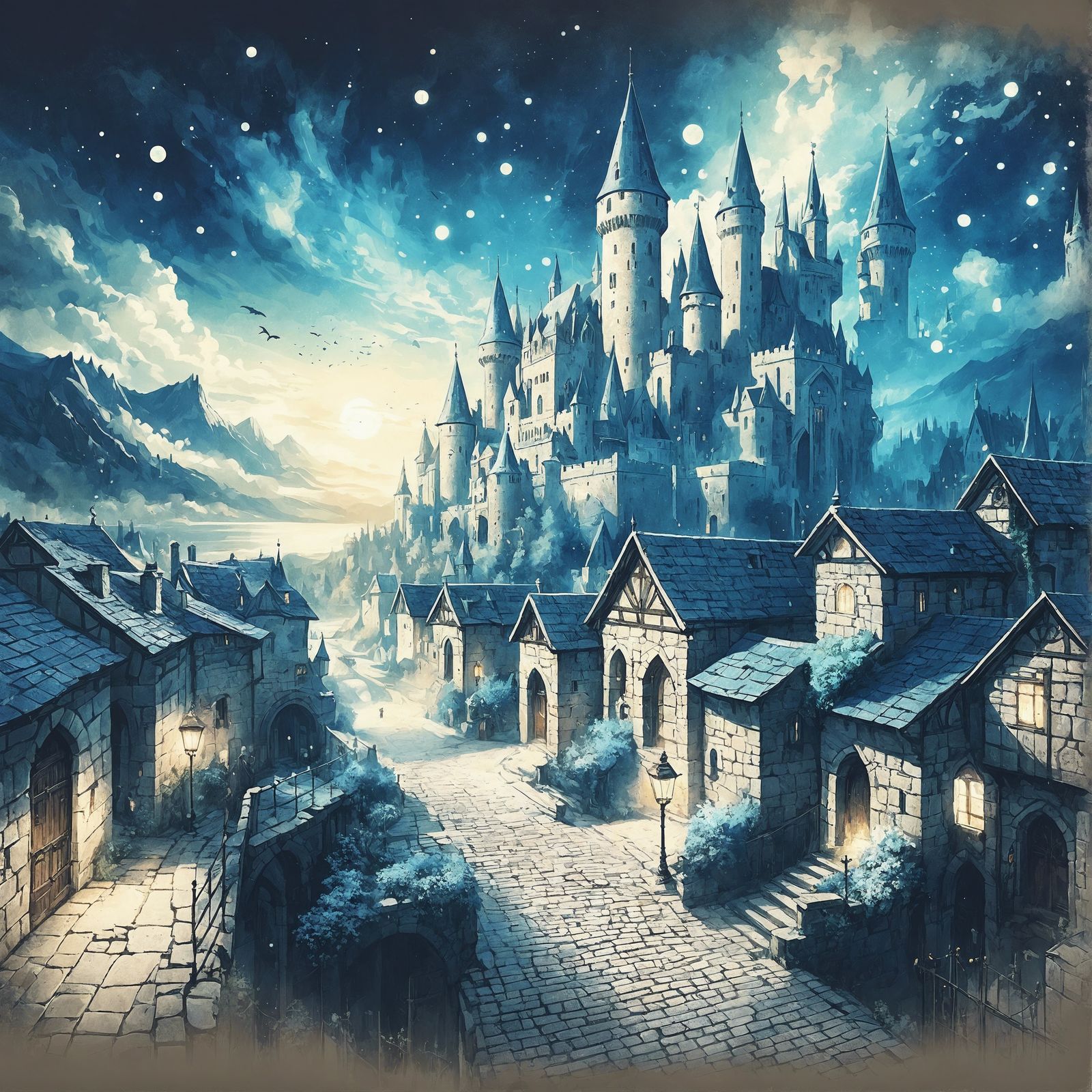 Enchanting Blue Medieval City in Fantasy Style