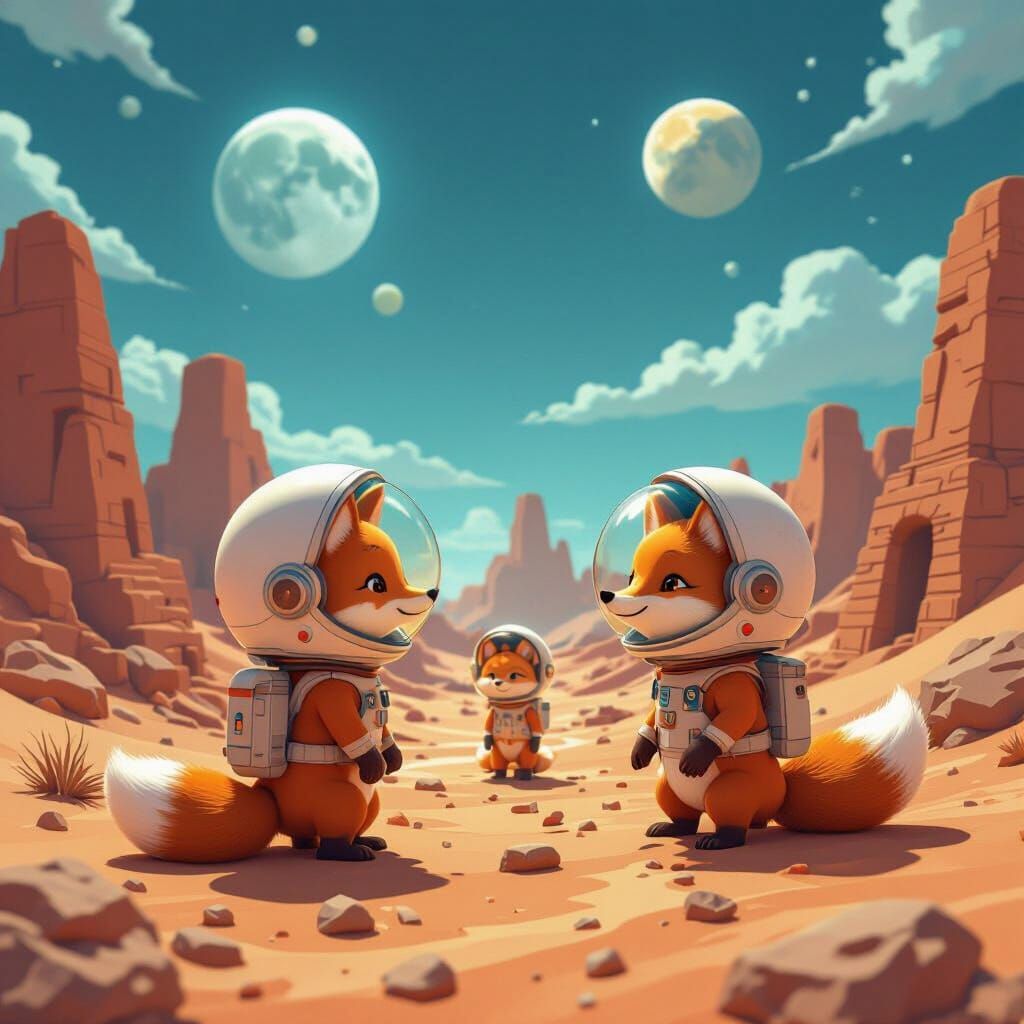 Fox Astronauts Explore Martian Ruins in Cute Storybook Style
