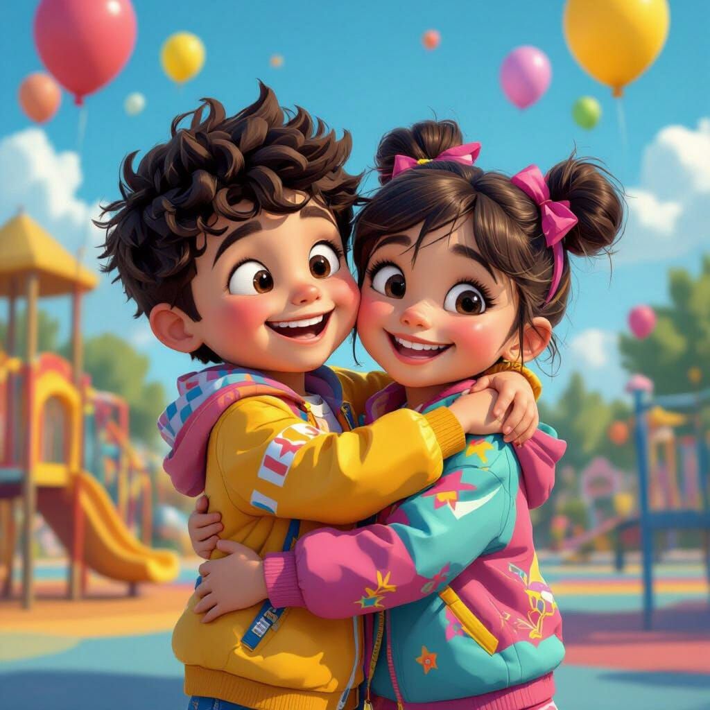 Kids Hugging in Playground, Pixar-Style 3D Cartoon