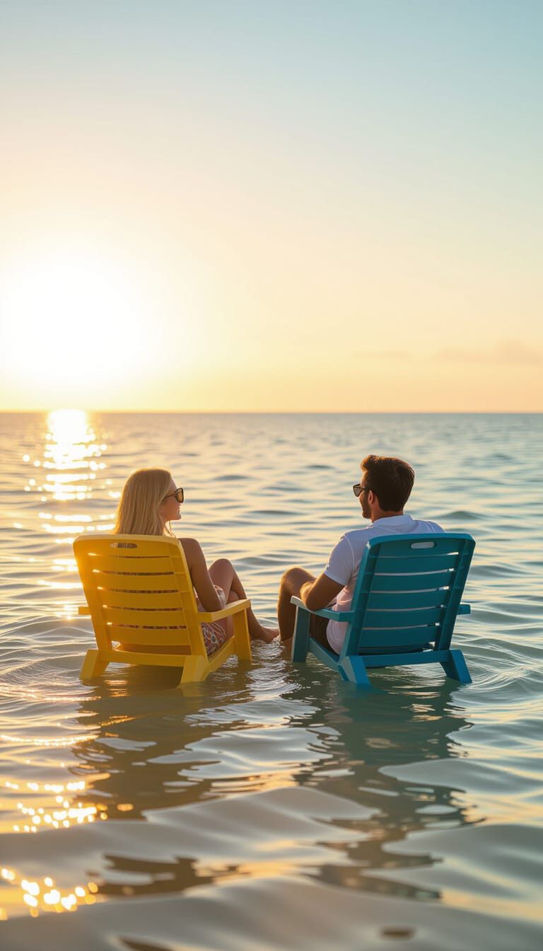 Golden Hour Beach Scene with Relaxing Couple