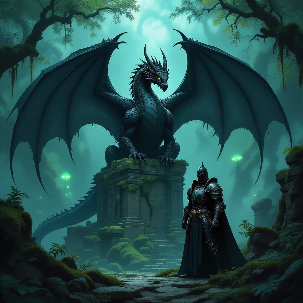 Black Dragon and Knight in Ancient Ruins