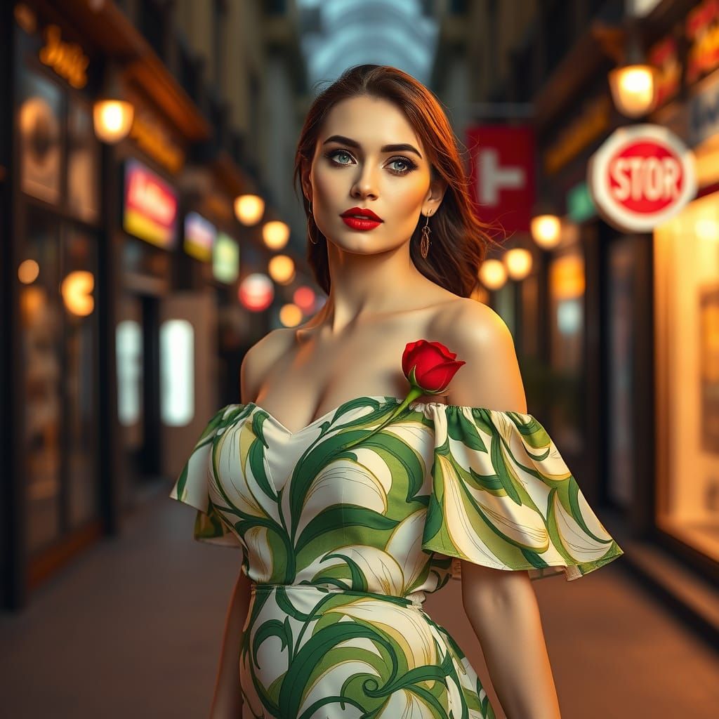 Elegant Woman Strolls Down Charming Street in Art Nouveau St...