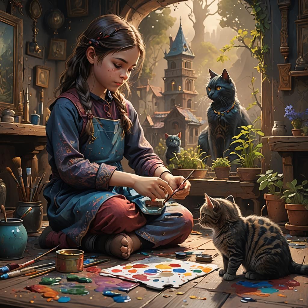 Little girl painting an image of her cat who is right beside...