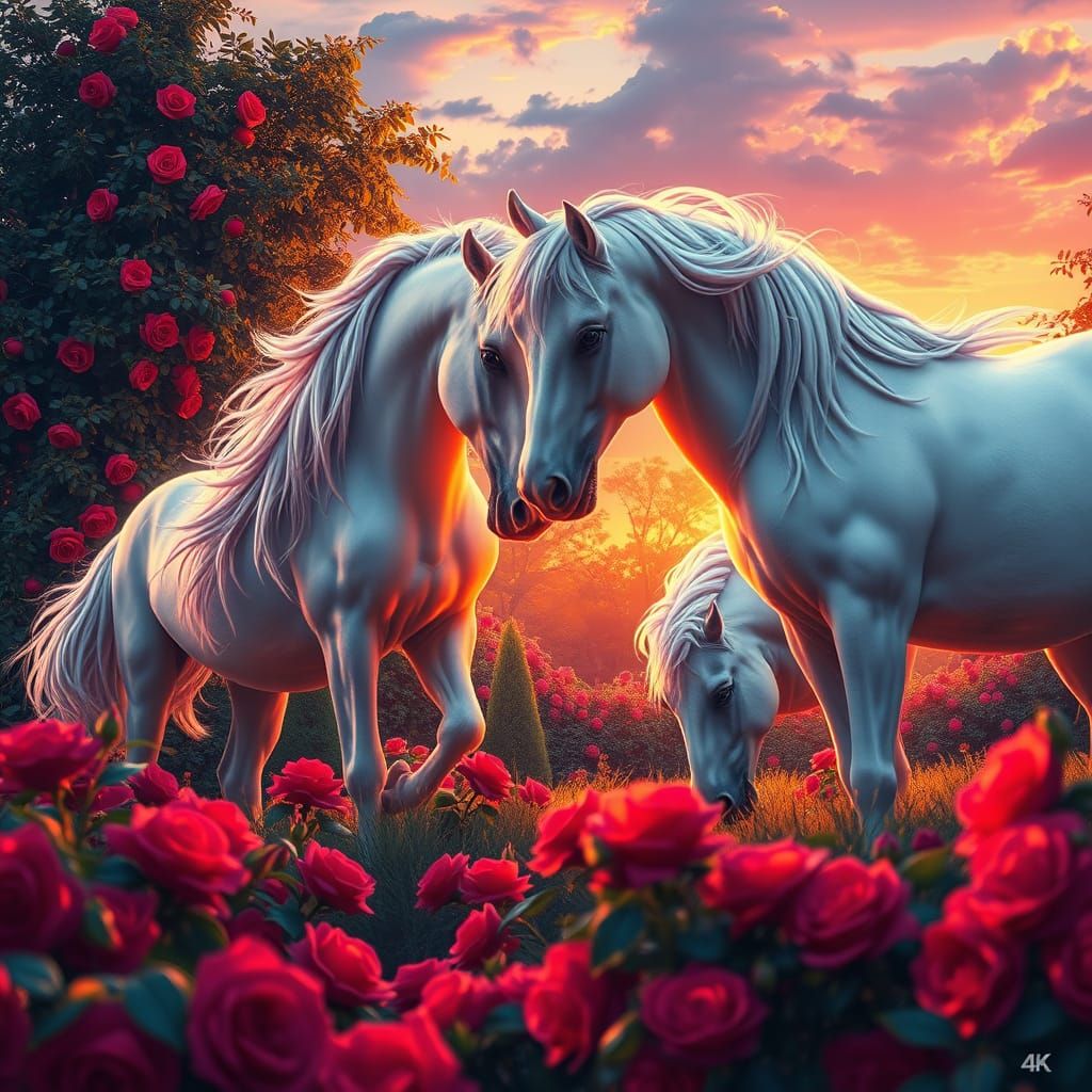 Majestic White Horses Graze in a Whimsical Sunset Garden
