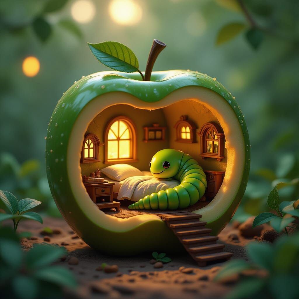 Cozy Worm Home Inside Hollowed Apple