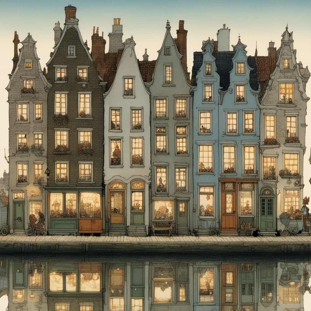 Cozy Dutch Houses in Evening Light Illustration
