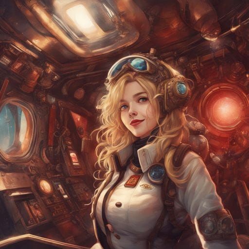 Steampunk Astronaut Girl Selfie in Spaceship Interior