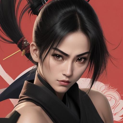 Ninja SAMURAI feminina,sem máscara,mostrando queixo perfeito, rosto simétrico,