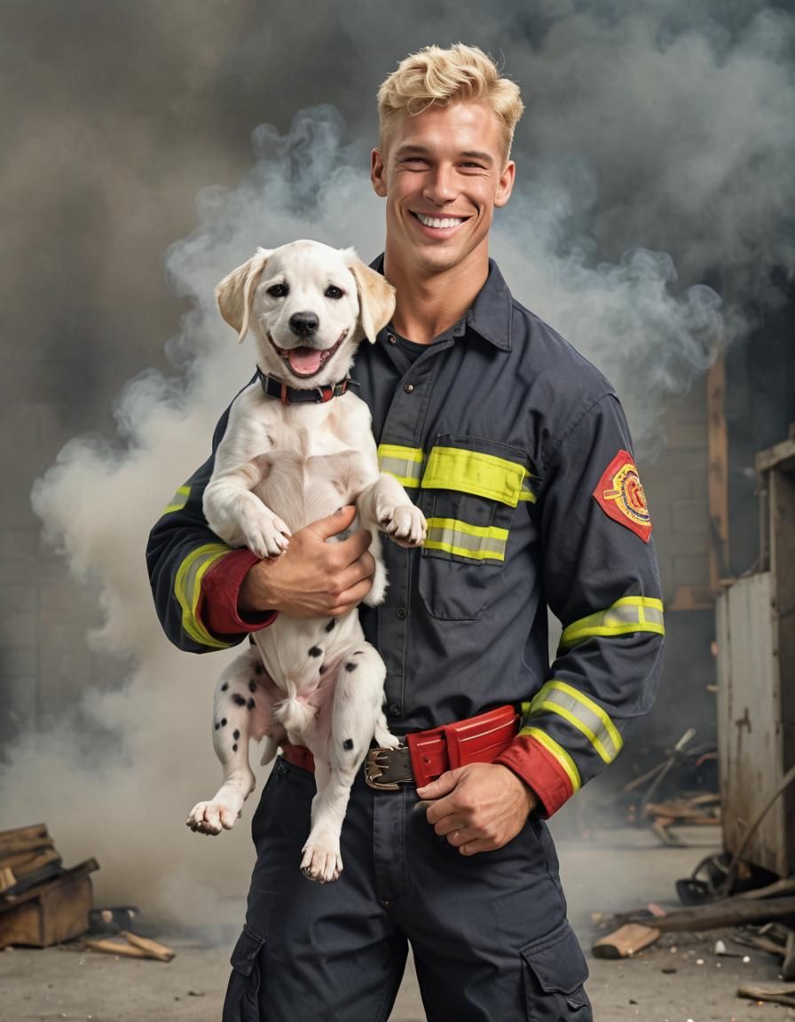 Smiling Fireman Holding Dalmatian Puppy in 4K