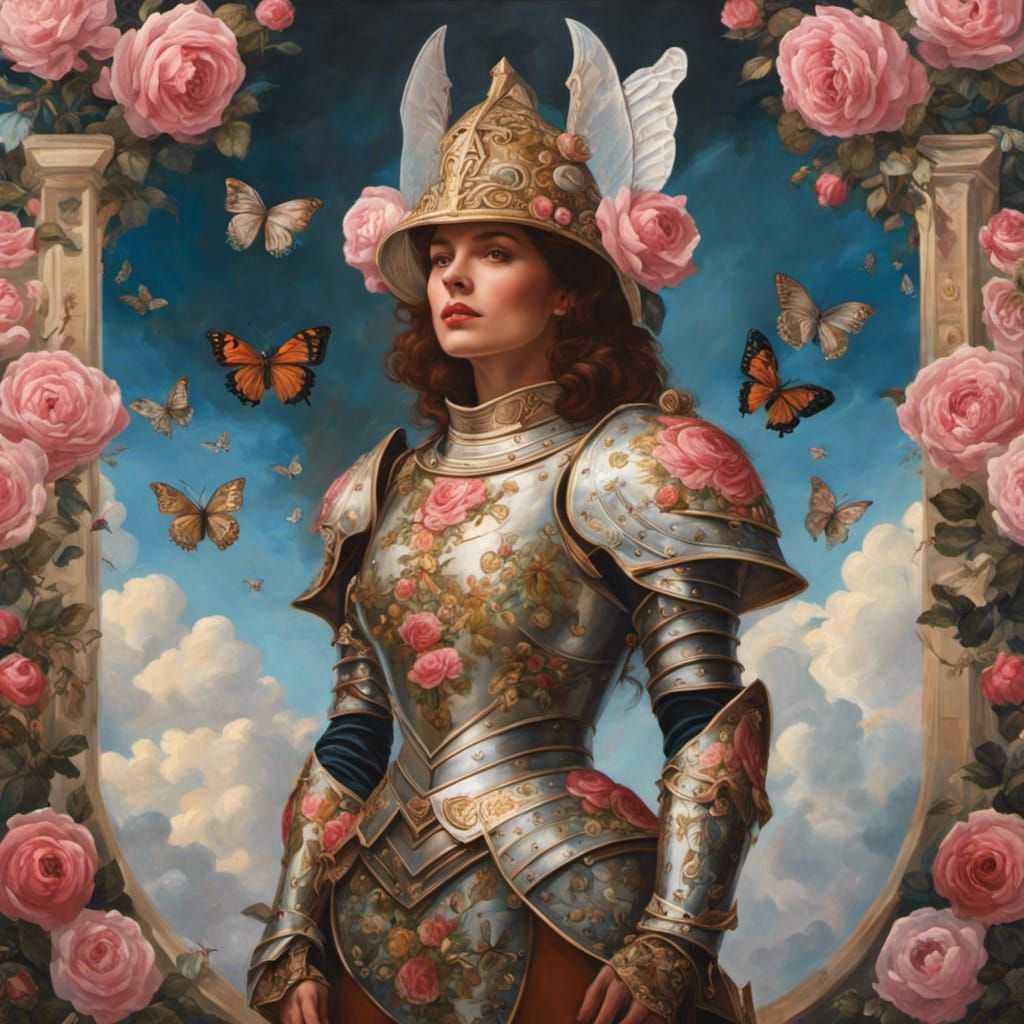 Woman Warrior in Rose Armor, Digital Oil Painting