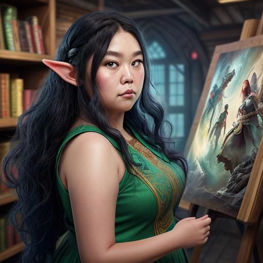 Elf Woman in Fantasy Shop: Hyperrealistic Concept Art