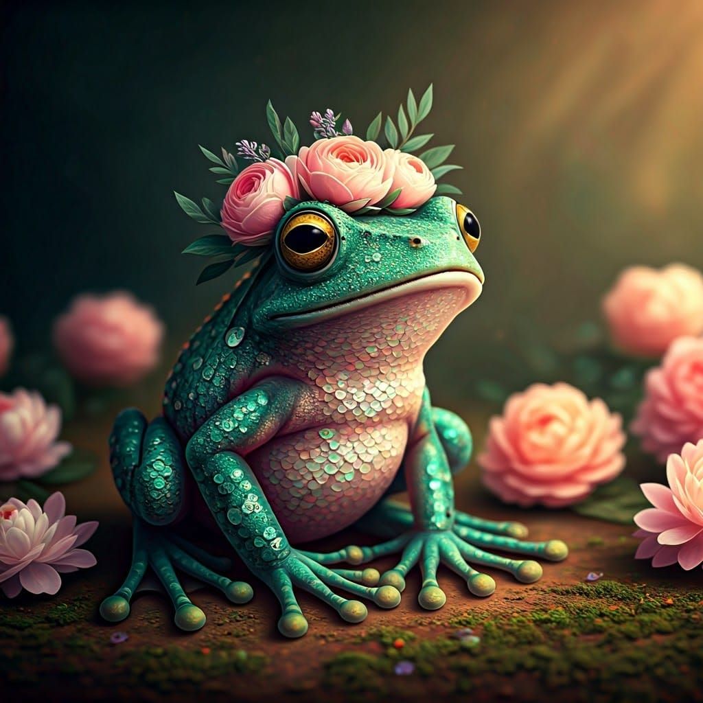 Whimsical Sequined Frog in Pastel Floral Wonderland