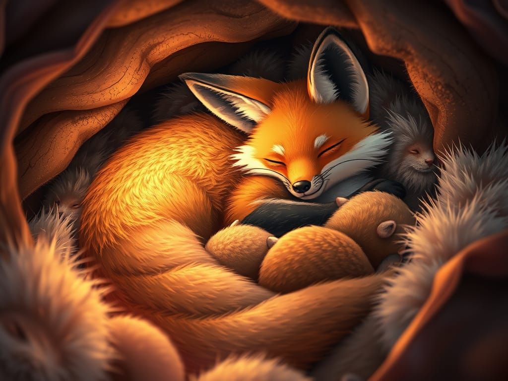 A Lazy fox sleeping its Den, curled up  with his family
