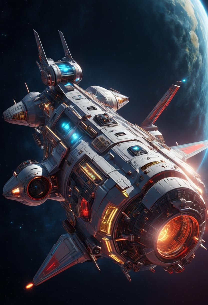 Futuristic Spaceship with Holographic Skull in Space