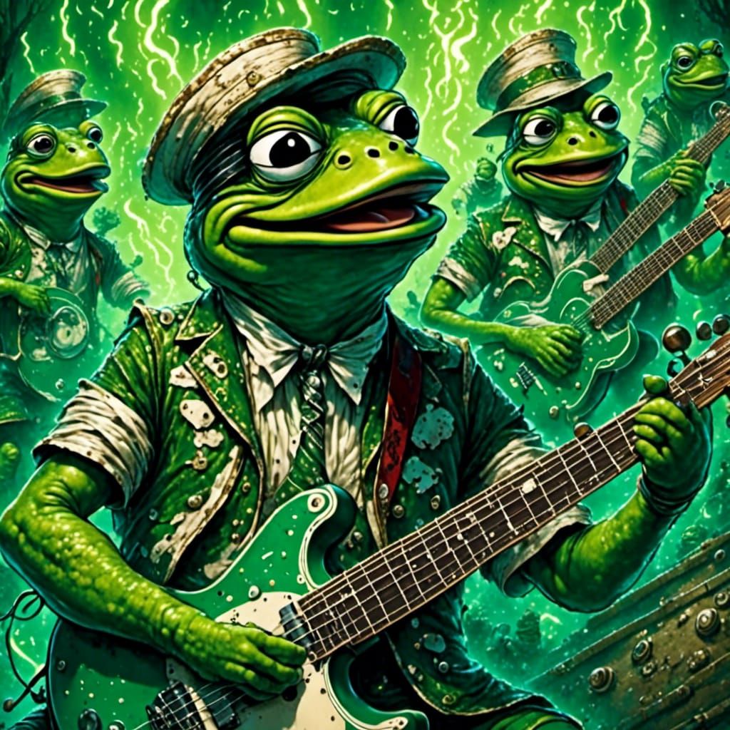Green Pepe Frog Band Performance in Comic Book Art