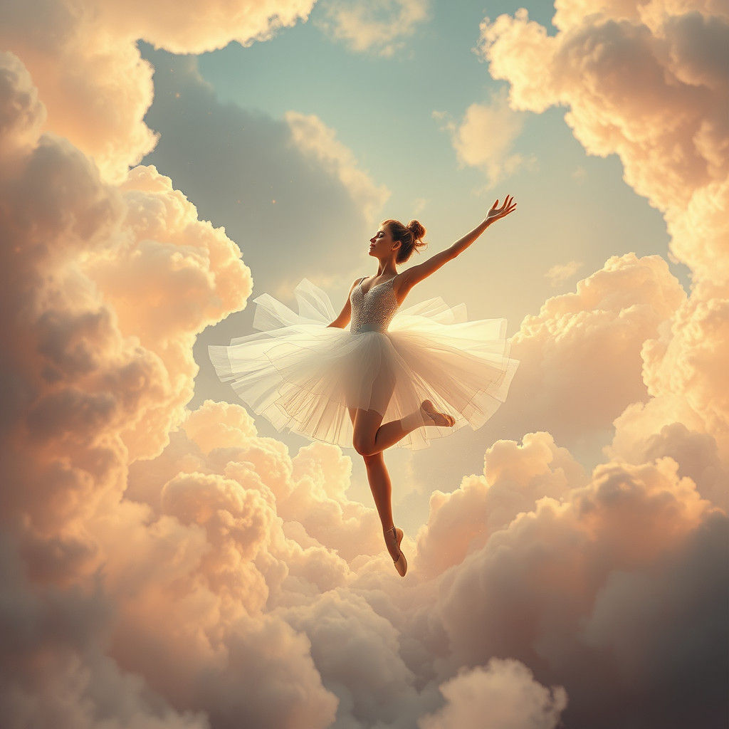 Ballerina's Celestial Ballet in Dreamy Clouds