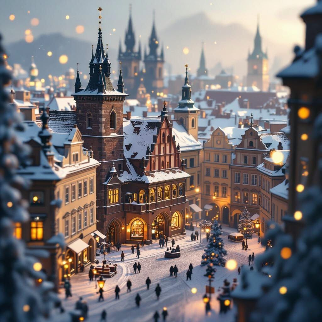 Miniature Krakow Winter Scene with Golden Light