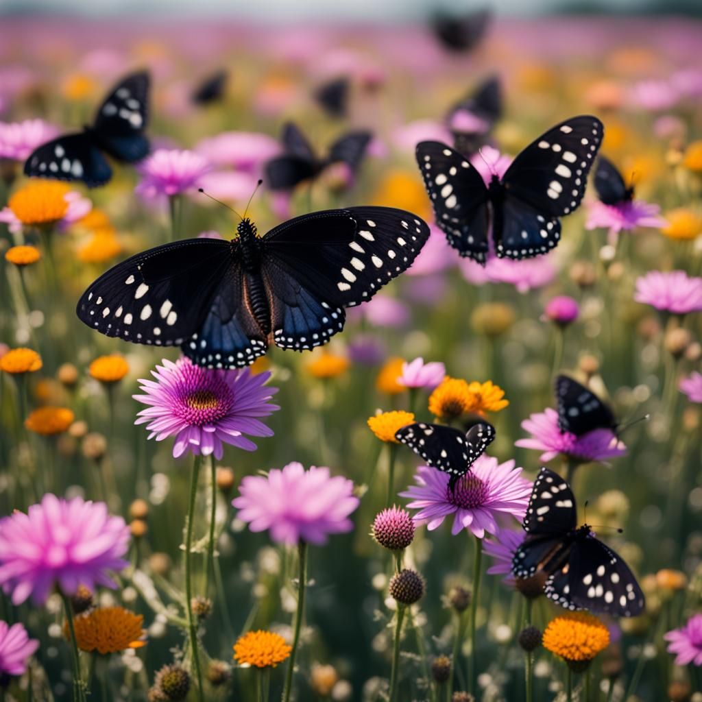 Black Butterflies in Flower Field: Professional Photography