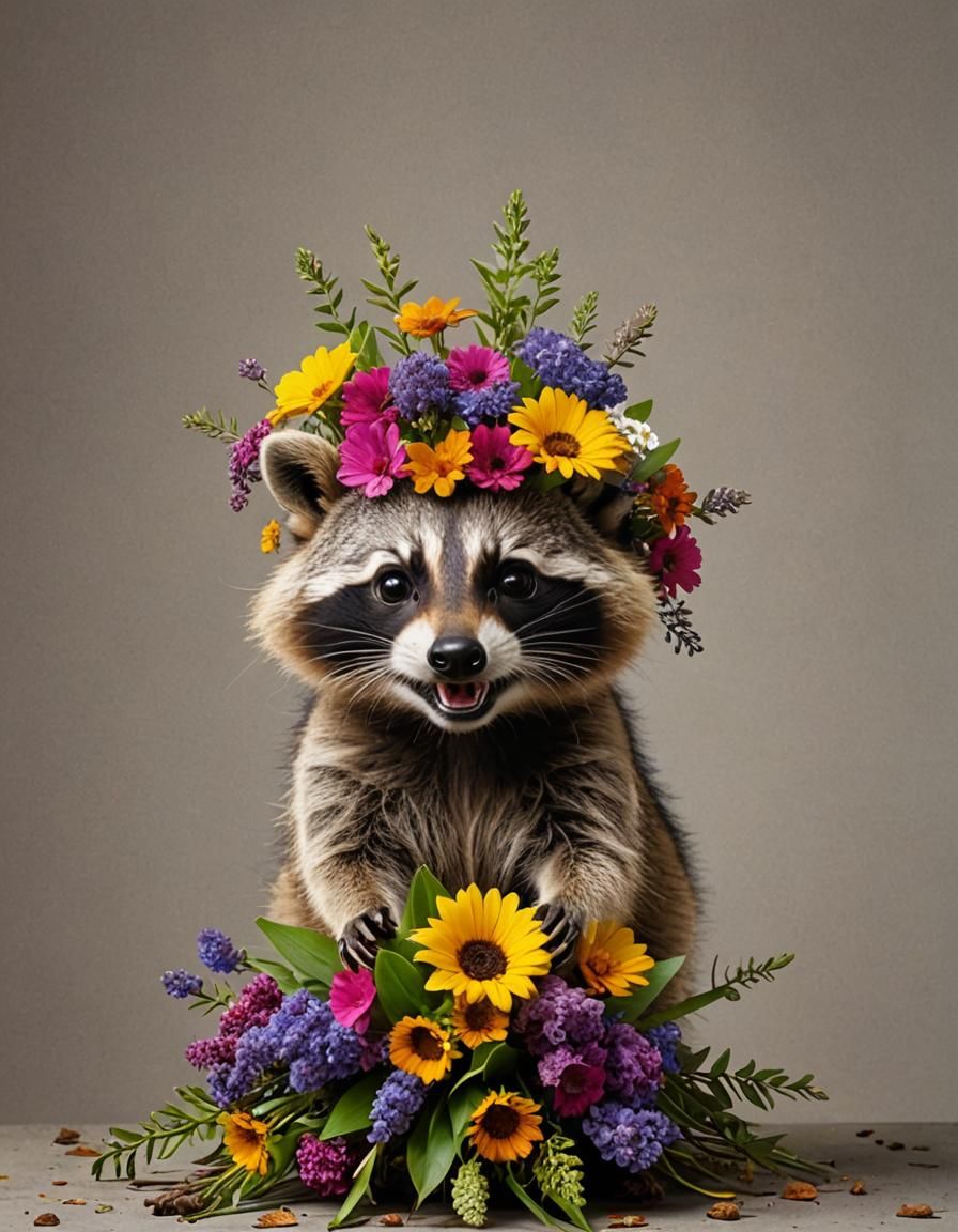 Raccoon Head Topped with Flower Bouquet