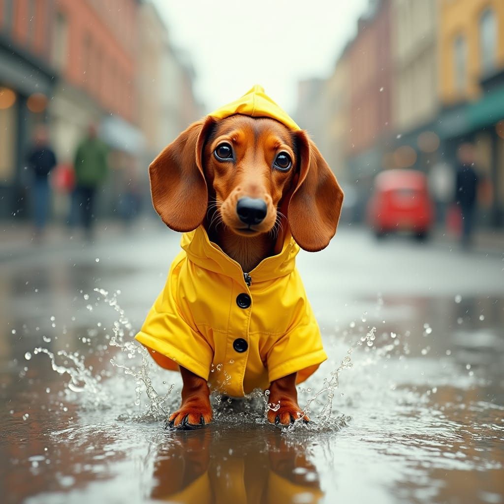 Dachshund in Rainy City Street, Beatrix Potter Style