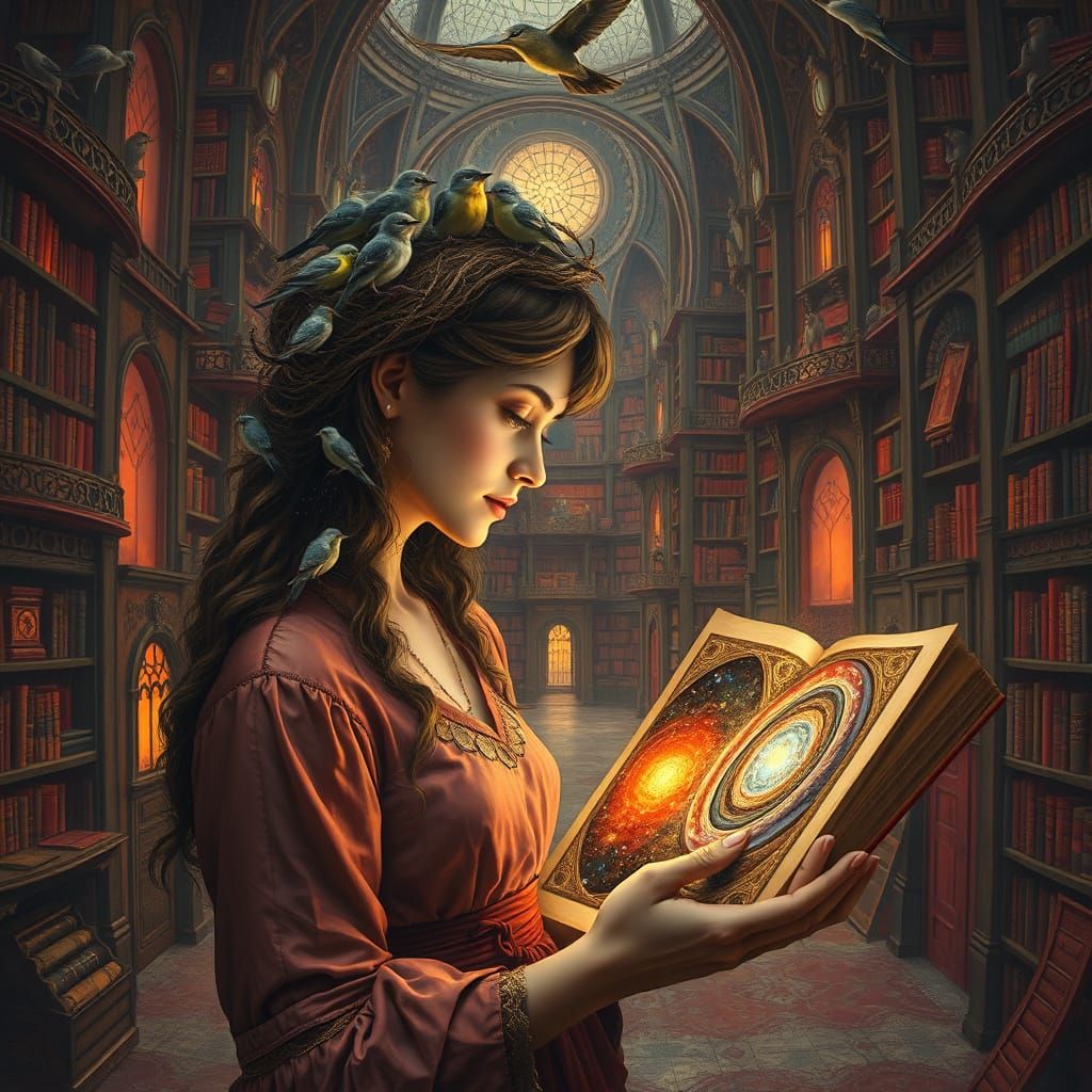 Surreal Library with Impossible Architecture and Birds