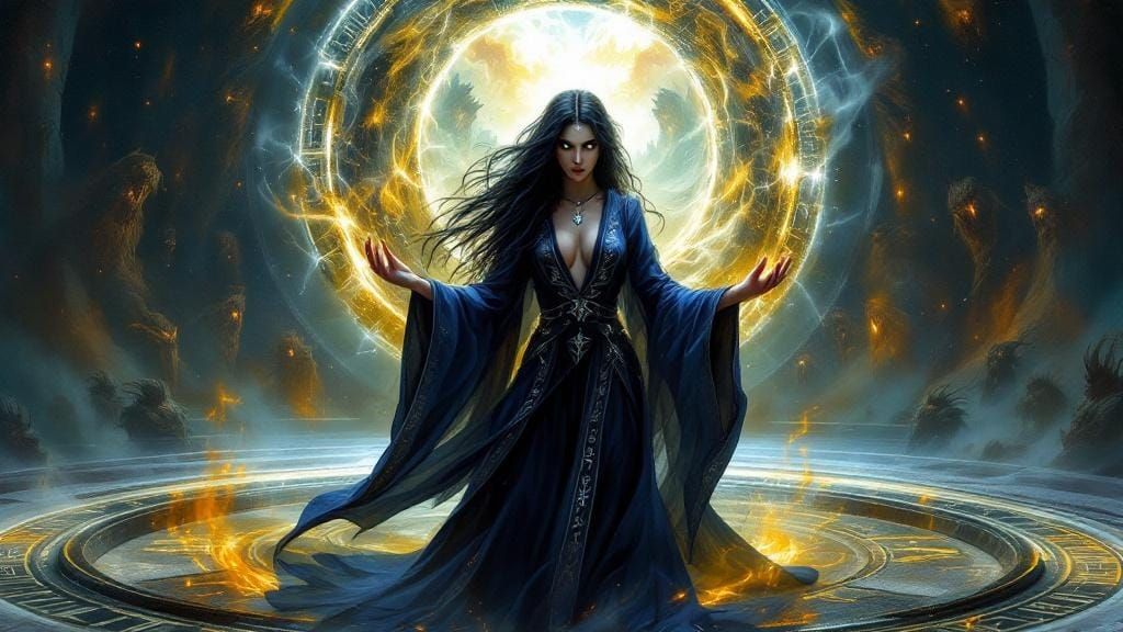 Arcane Sorceress Opens Portal in Dark Fantasy Style