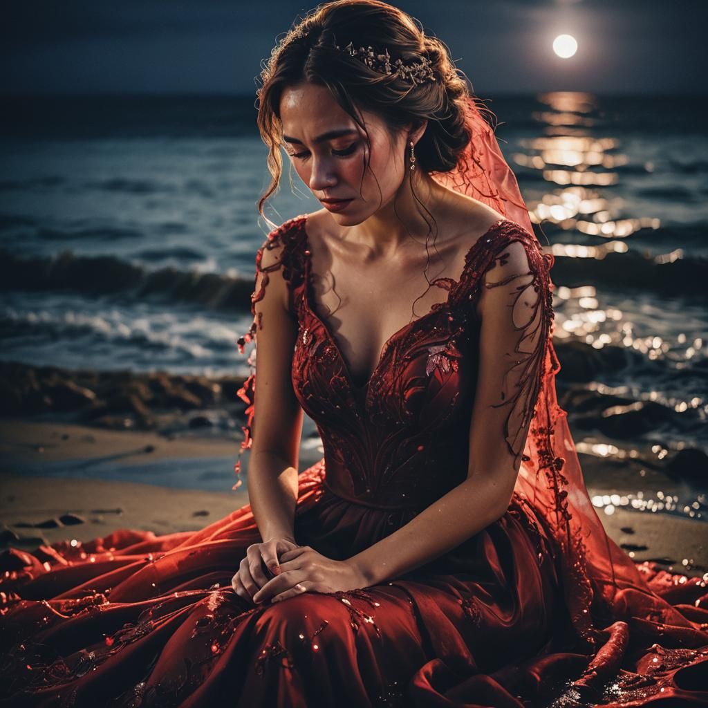 Woman in Red Dress Crying on Beach at Night