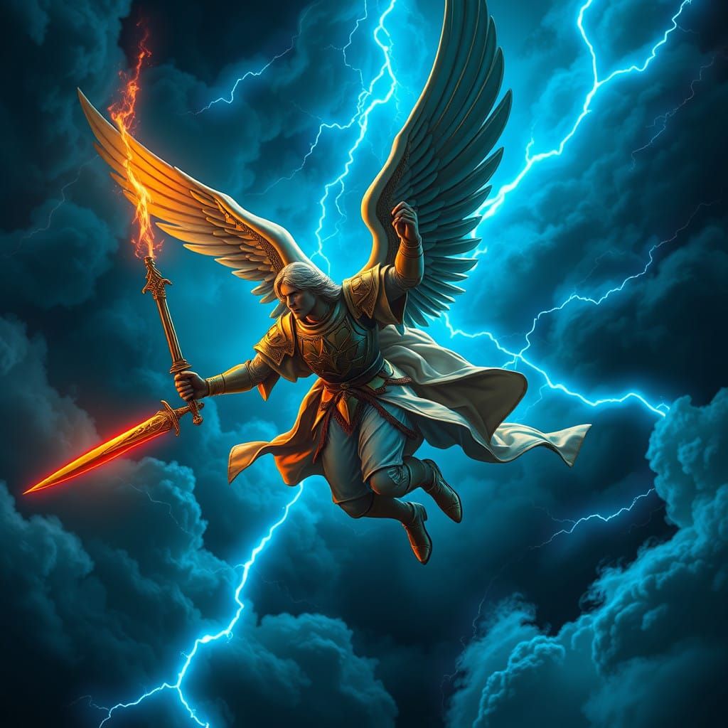 Ornate Saint Michael Soars Through Turbulent Storm Skies in....