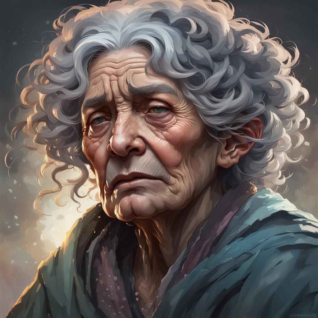 Sad Old Woman Portrait in Detailed Digital Art Style