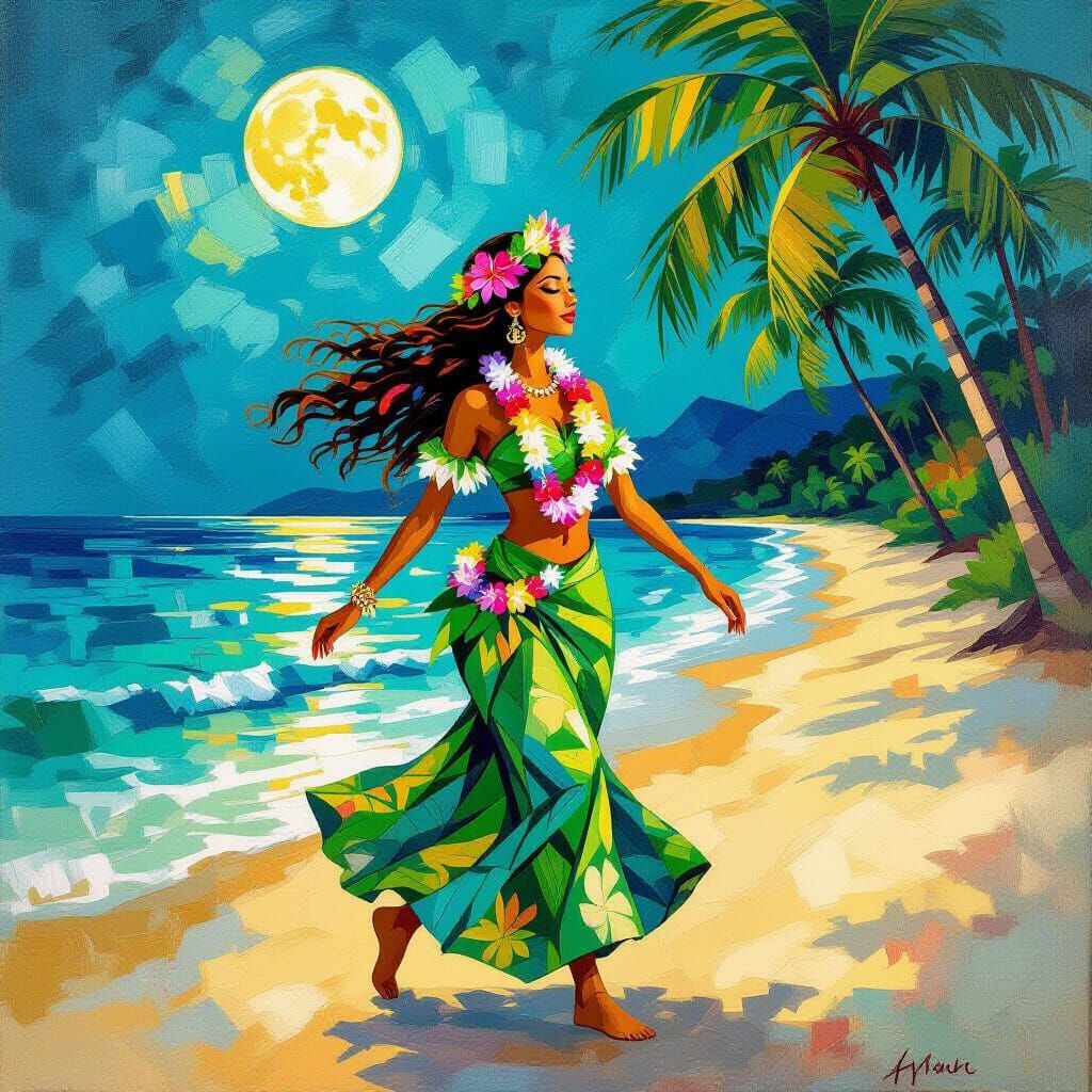 Moonlit Hula Dancer in Cubist Impressionism