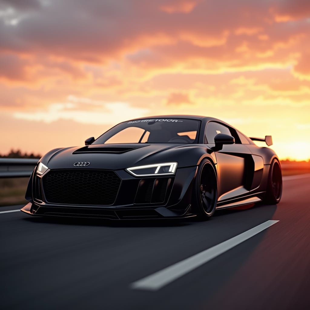 Modified Black Audi R8 on Motorway at Sunset