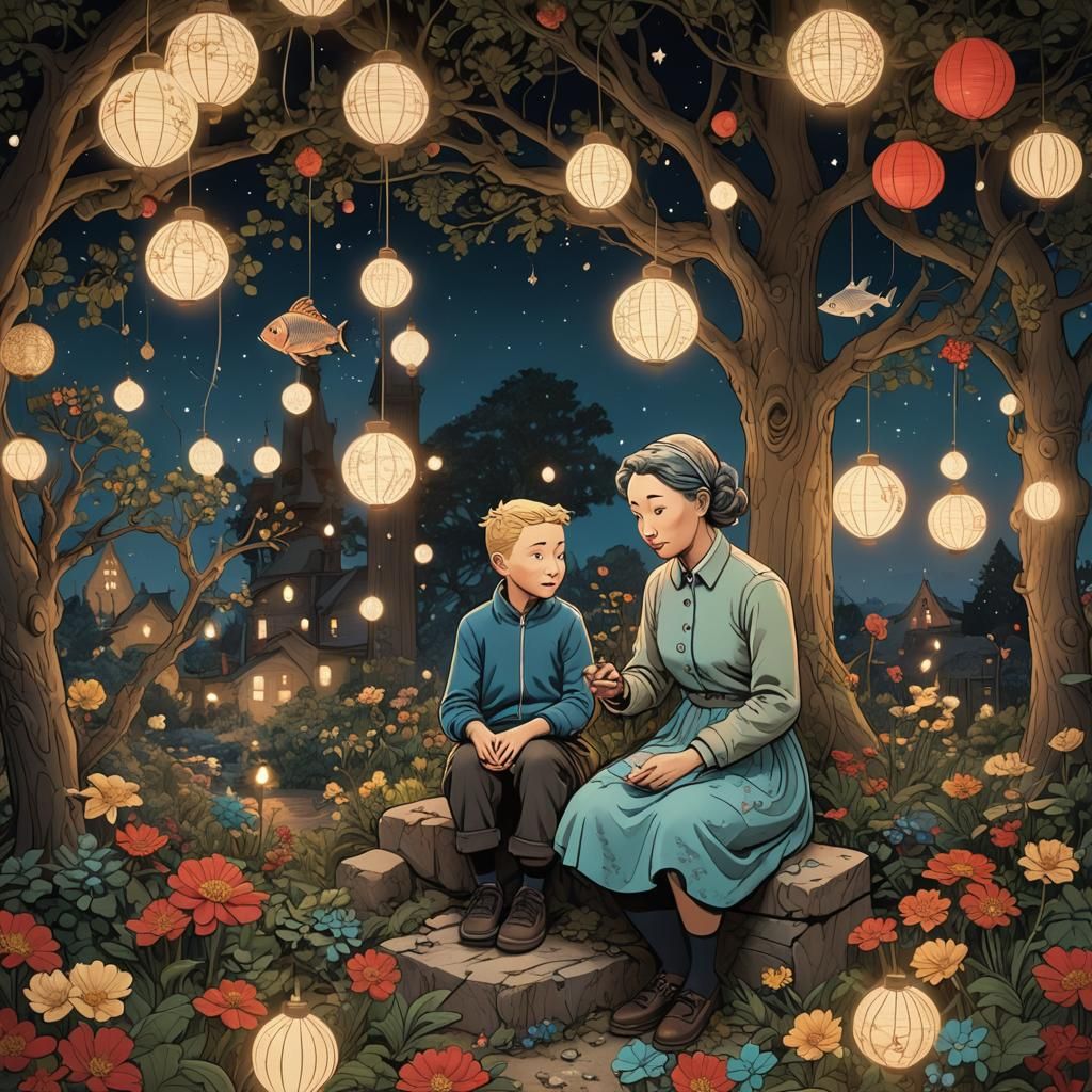 Detailed Matte Painting with Flowers and Sculpted Fish