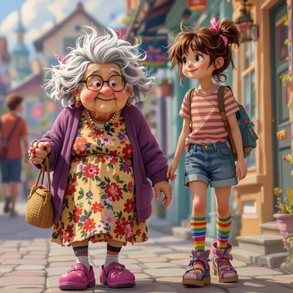 Elderly Woman and Girl Walk Down Colorful Street