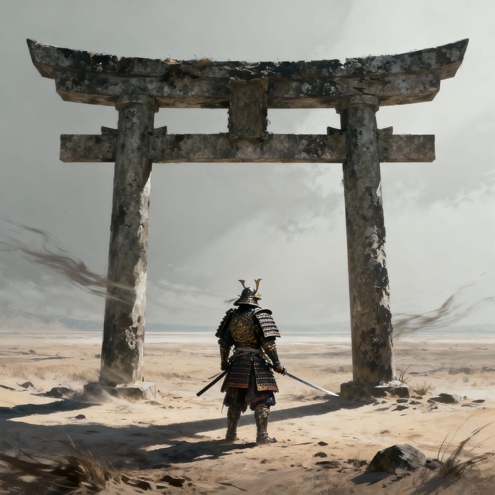 Lone Samurai Before Torii Gate in Epic Fantasy Style