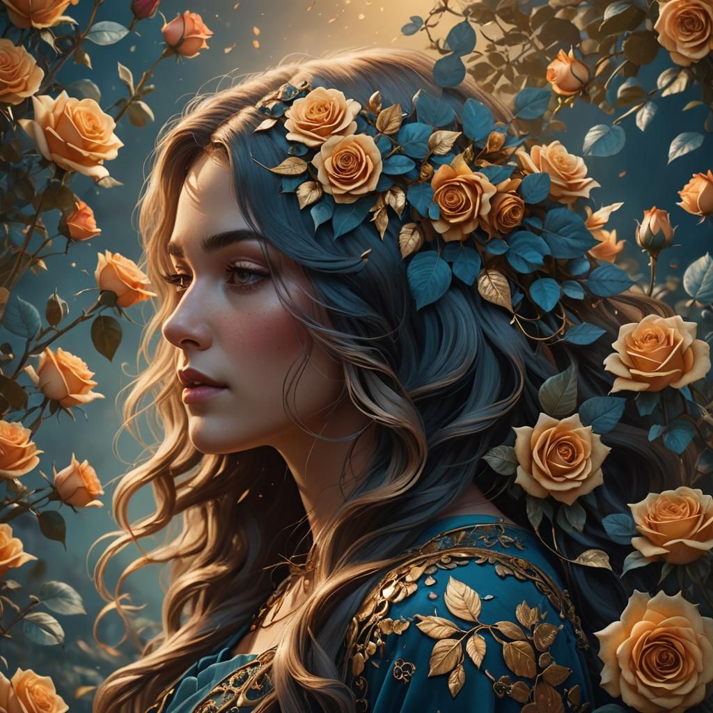 Woman with Indigo Roses: Fantasy Concept Art