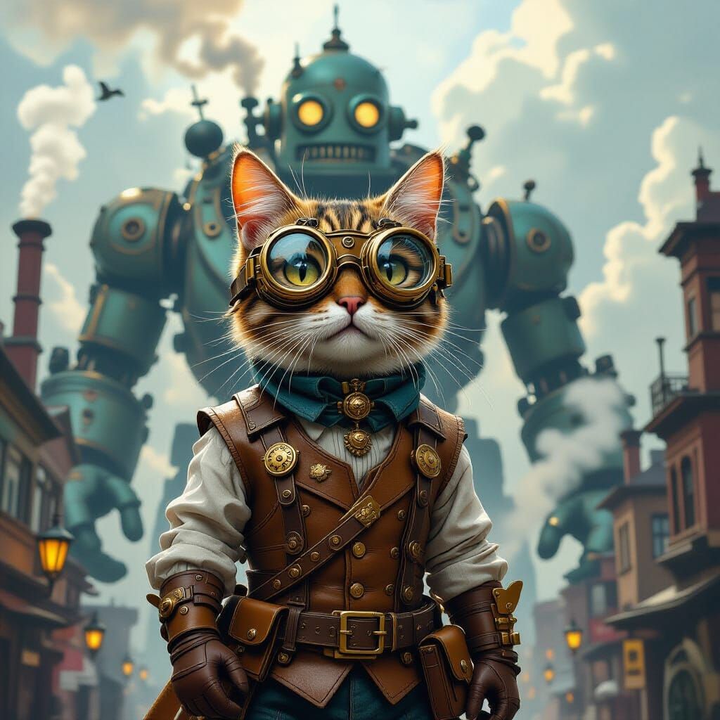 Steampunk Cat in Clockwork Golem City