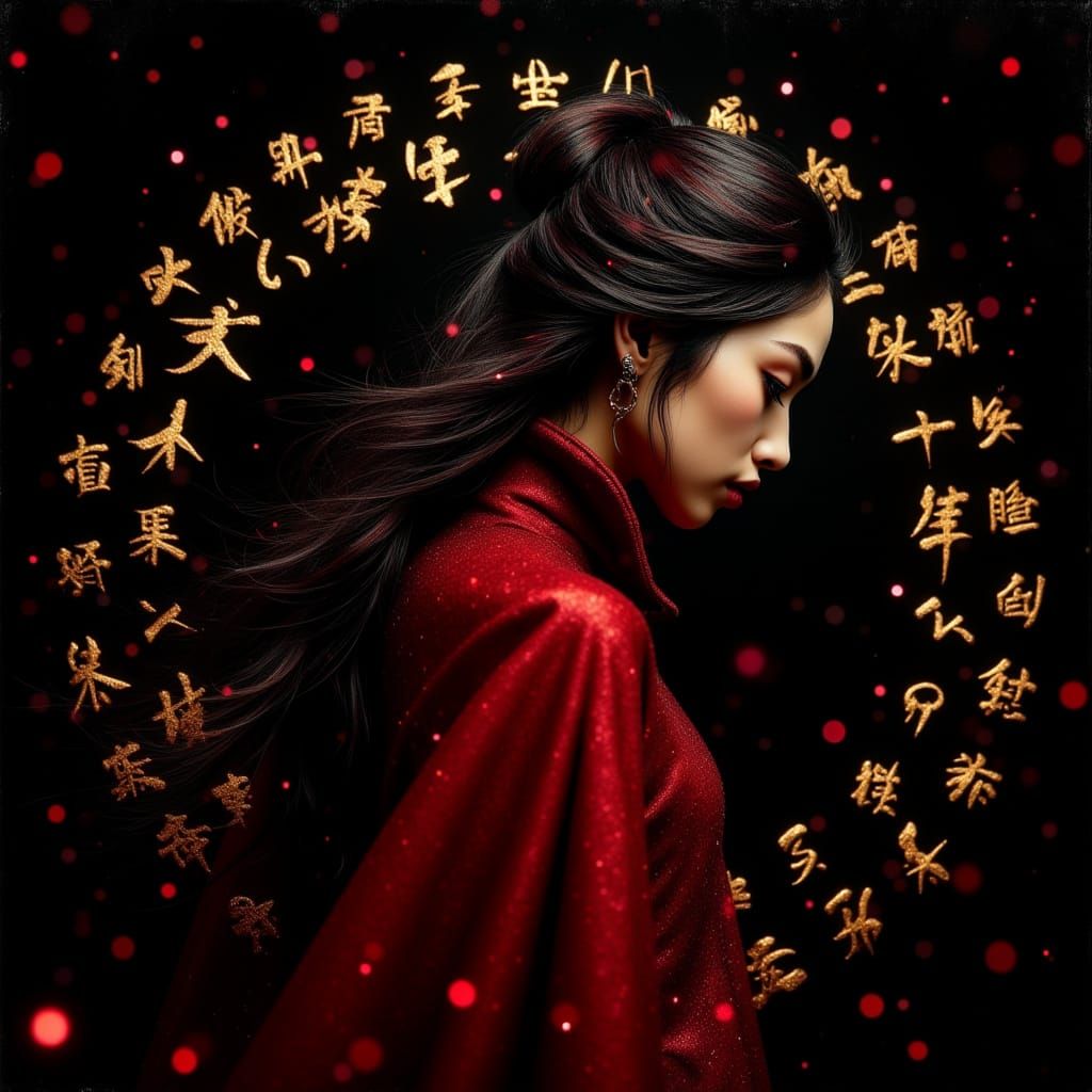 Elegant Korean Woman in Red Cape with Golden Korean Letters