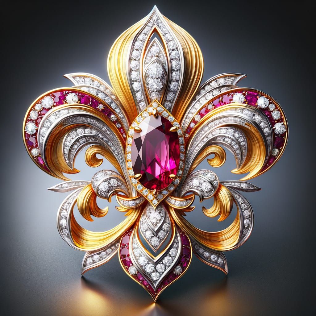A fleur-de-lys brooch sculpted in yellow, pink, and white gold. It is set with diamonds, in the center an oval ruby.