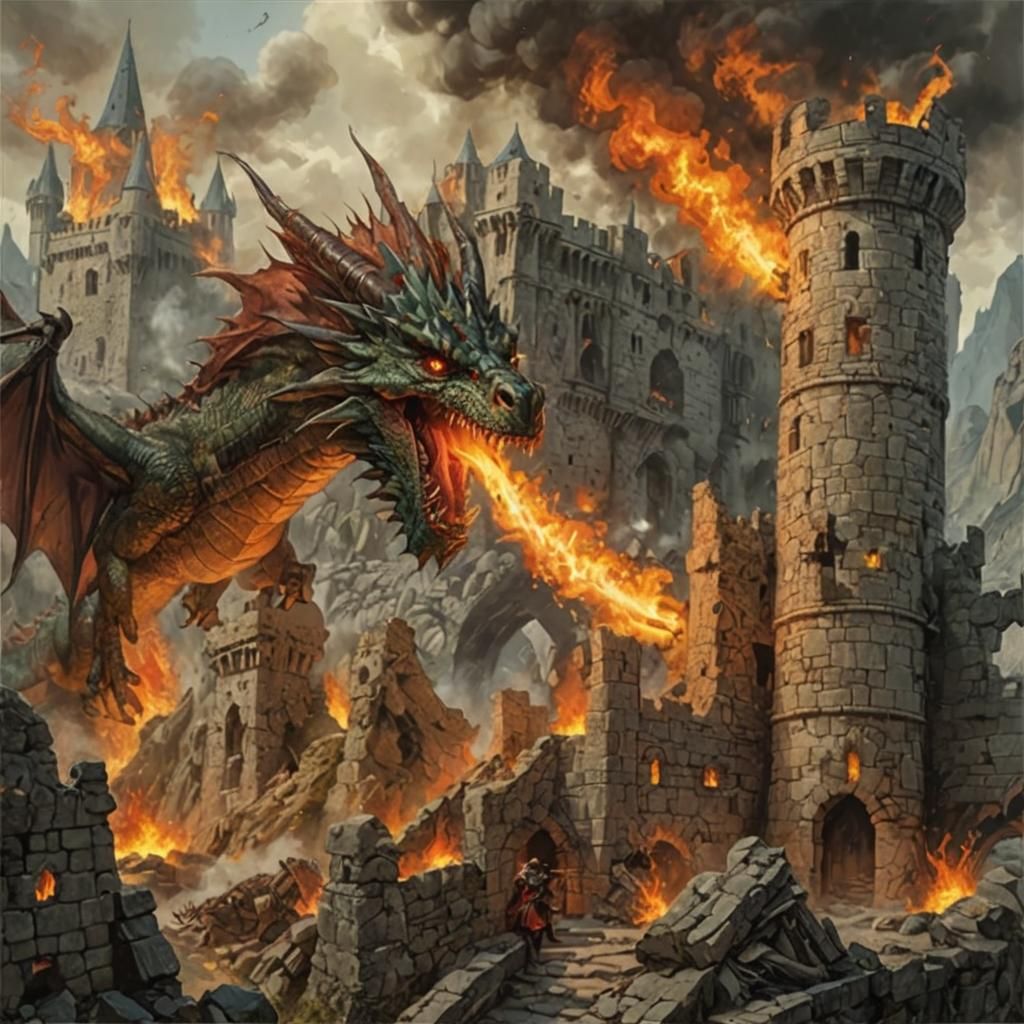 Fierce Dragon Breaths Fire on Ruined Castle