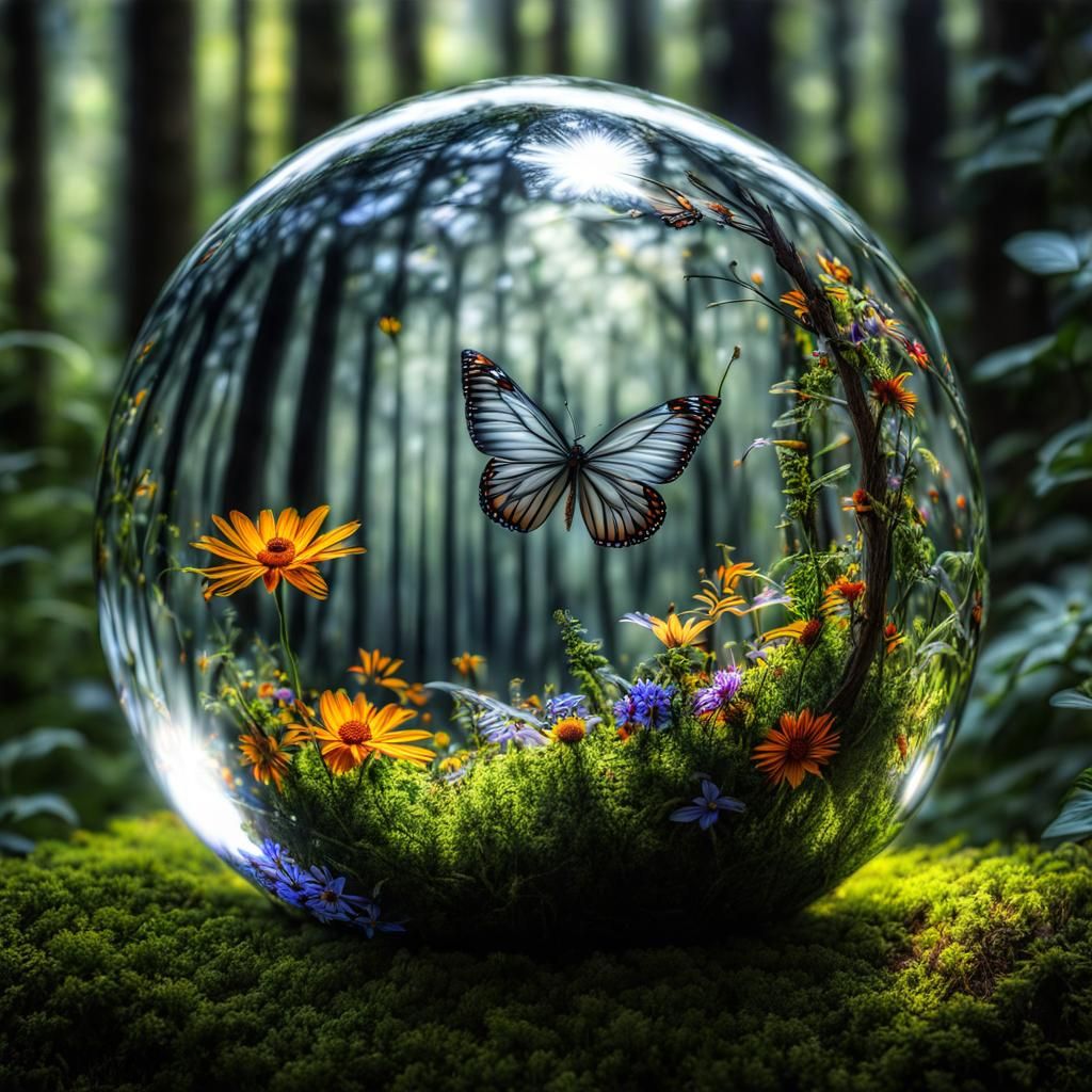 Fairy Trapped in Glass Sphere with Flowers
