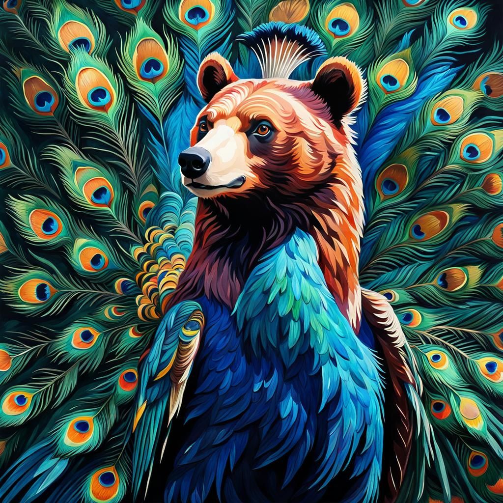 Peacock Feathered Bear in Gouache Watercolor Style