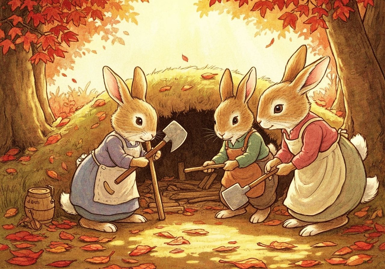 Rabbits Building Burrow in Autumn Forest