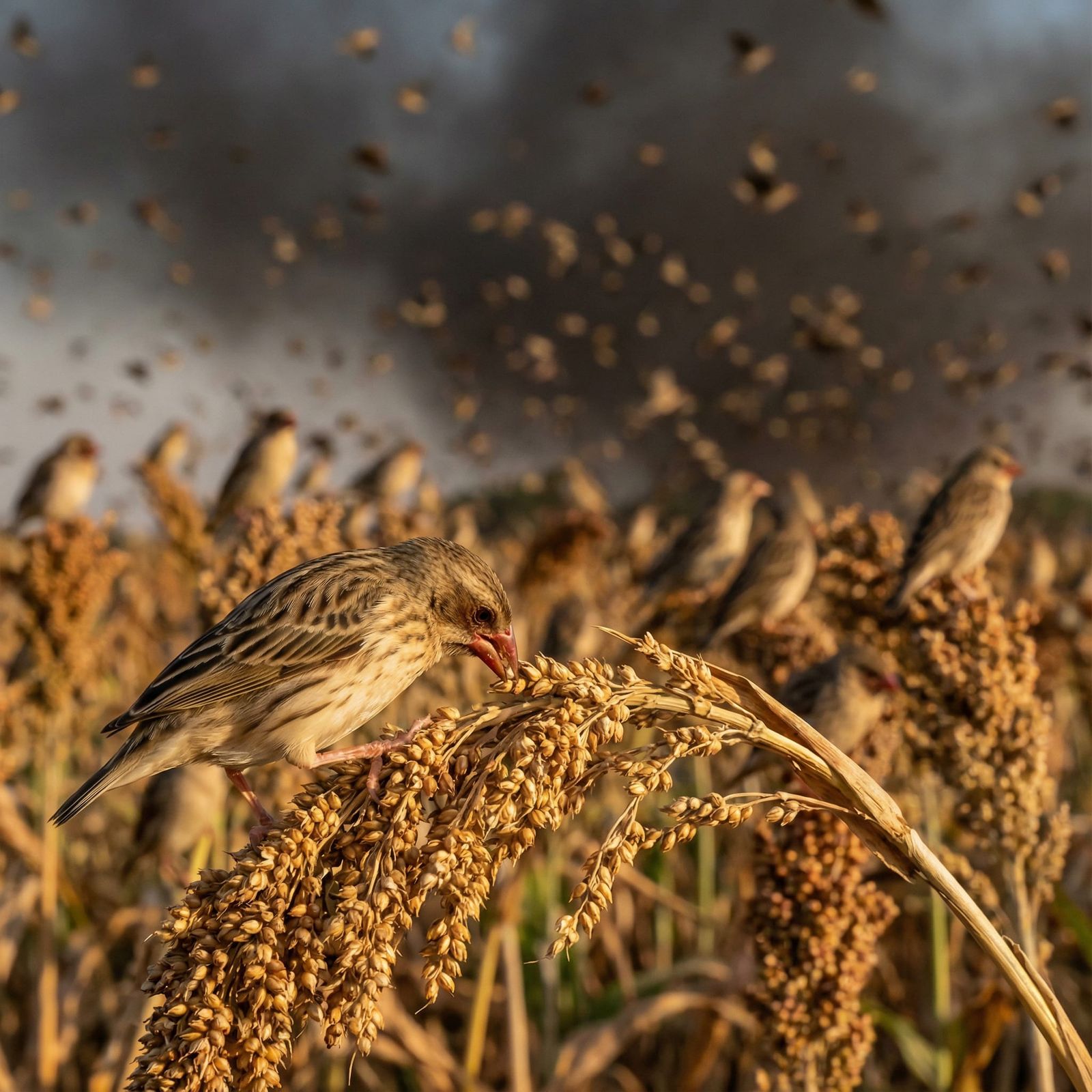 Red-Billed Quelea Swarm Devours Sorghum Field