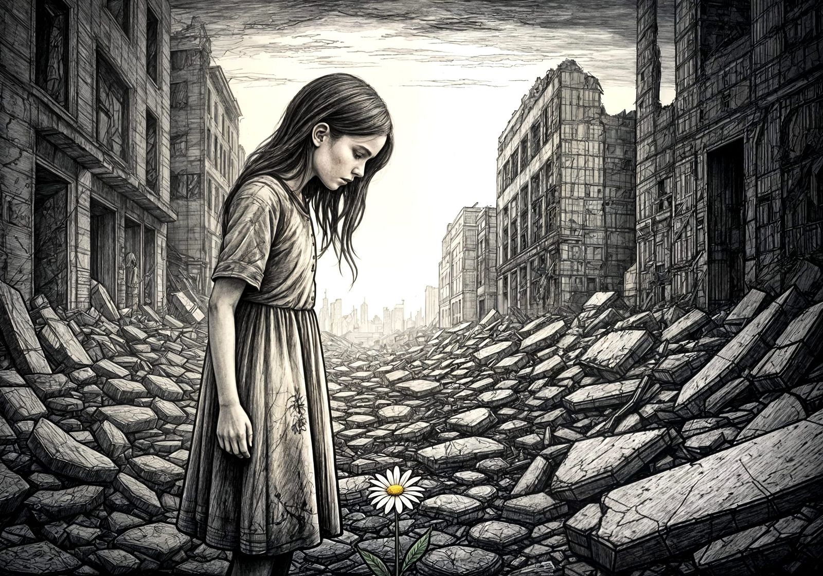 Girl Contemplates Hope Amidst Urban Ruin