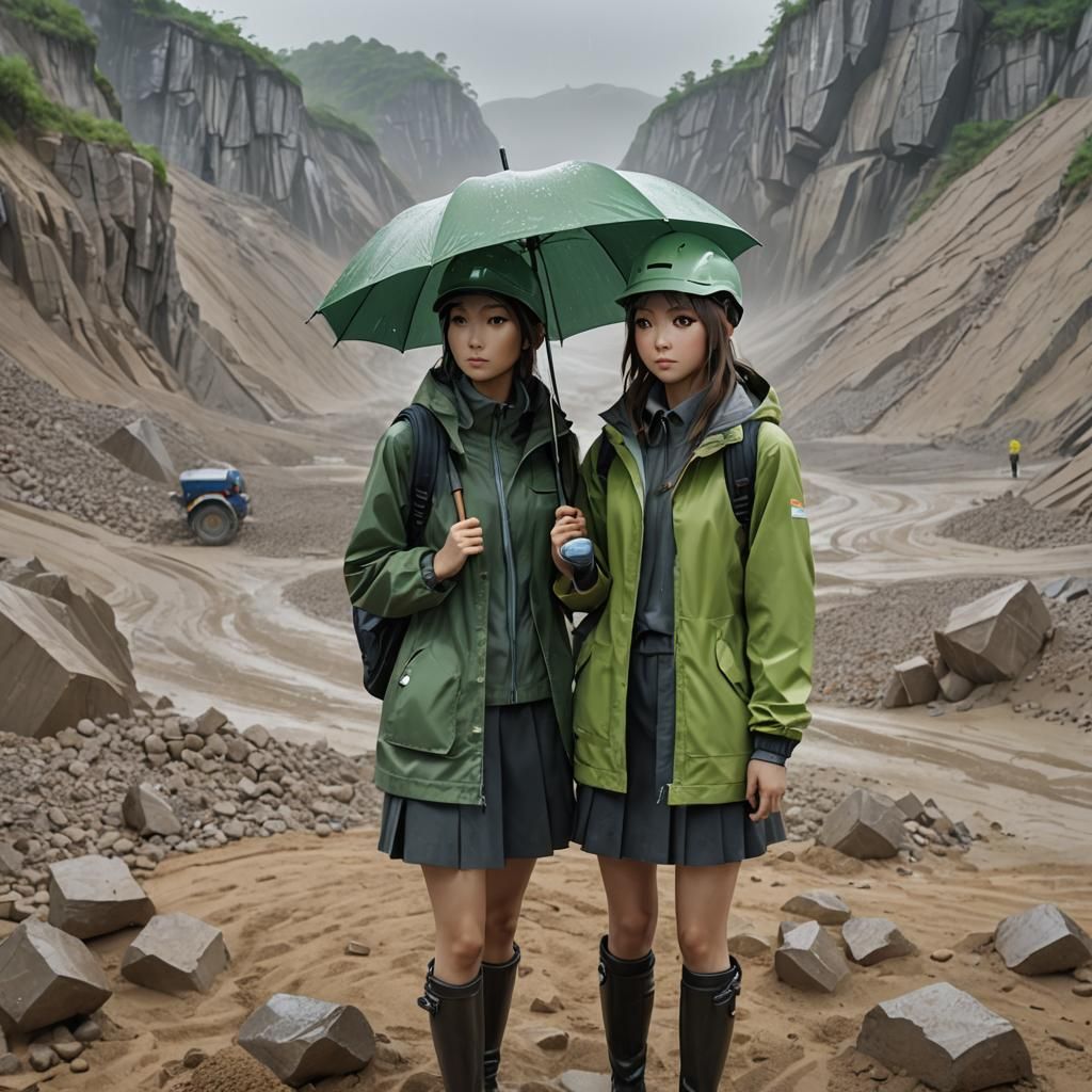Geologists in Rainy Quarry: 3D Anime Art
