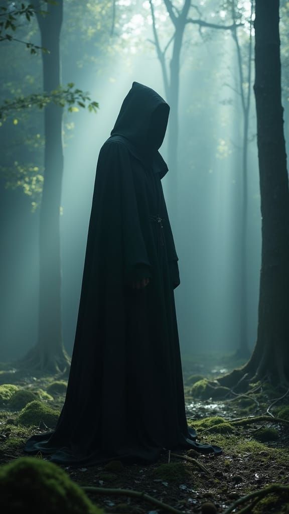 Mysterious Cloaked Figure in Ethereal Forest Clearing