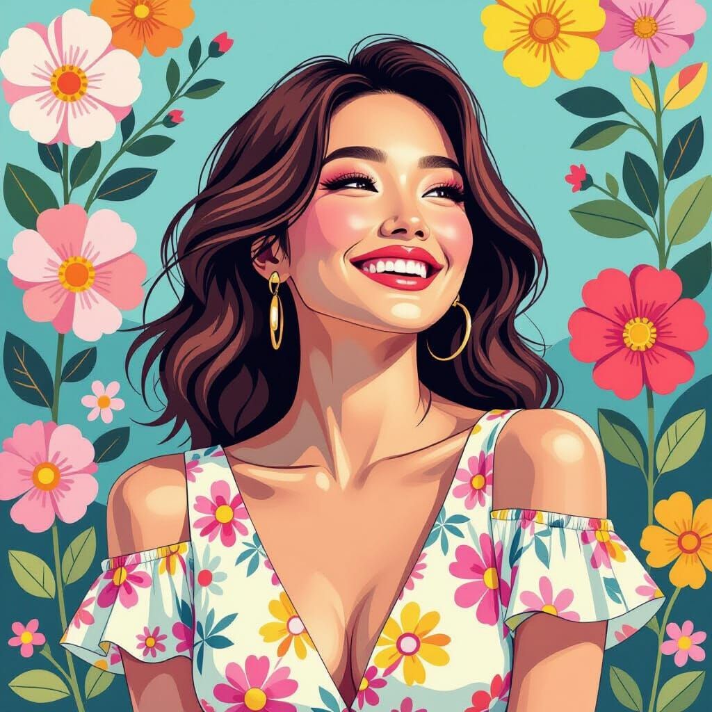 Smiling Woman Surrounded by Floral Blooms