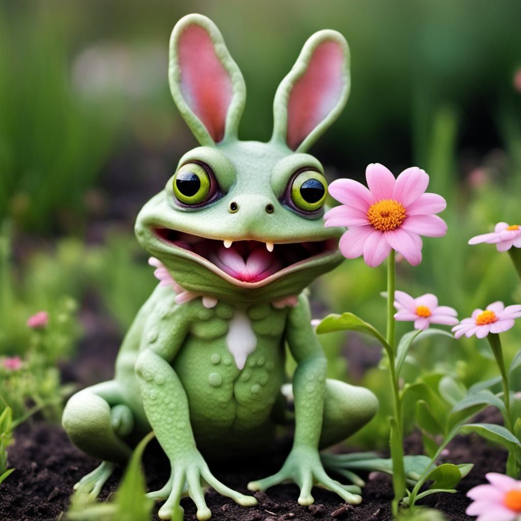 Whimsical Frog-Rabbit Hybrid Blooms in a Surreal Garden