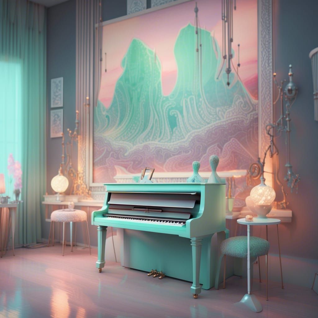 Pastel Piano Scene with Guitars and Lava Lamps