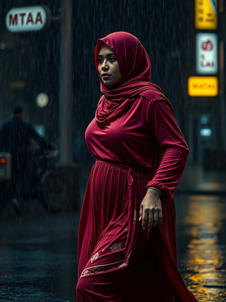 Moody Woman Running in Rainy Night, Cinematic Lighting